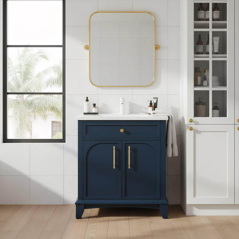 Meuble-lavabo moderne 28 po avec tiroirs et poignées en métal, Bleu