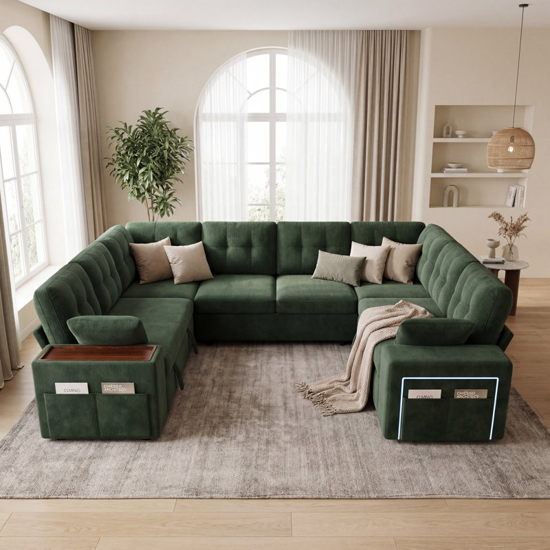 8-Seater Large Sectional Sofa Bed With Storage Lovescat, Chenille Modular Sleeper Sofa With 2 Pillows, 112" U-Shaped Convertible Couch For Large Living Room