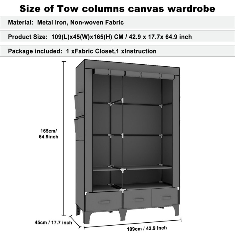 109cm Portable Wardrobe, Grey