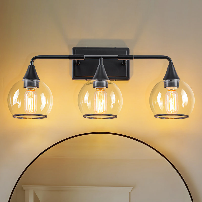 Éclairage de salle de bain 3 lumières à intensité variable avec abat-jour en verre transparent, Matte Black