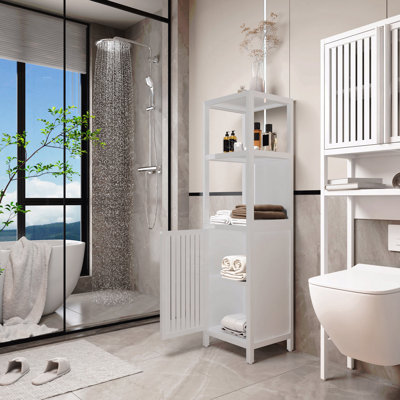 Tall White Bamboo Linen Tower Storage Cabinet