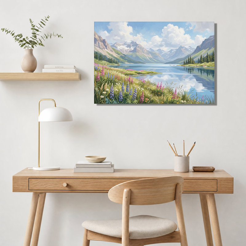 Tableau sur toile représentant un lac alpin avec des fleurs sauvages et des sommets enneigés, 20"H x 30"W