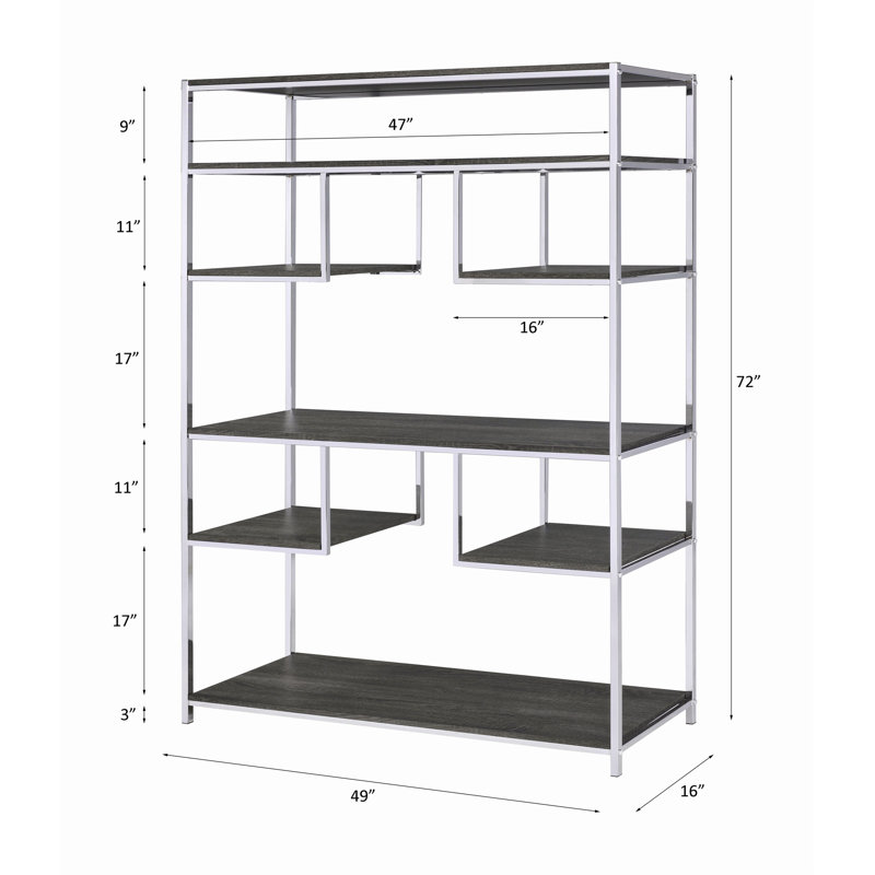 Gray Oak and Chrome Industrial Bookshelf with Open Shelves