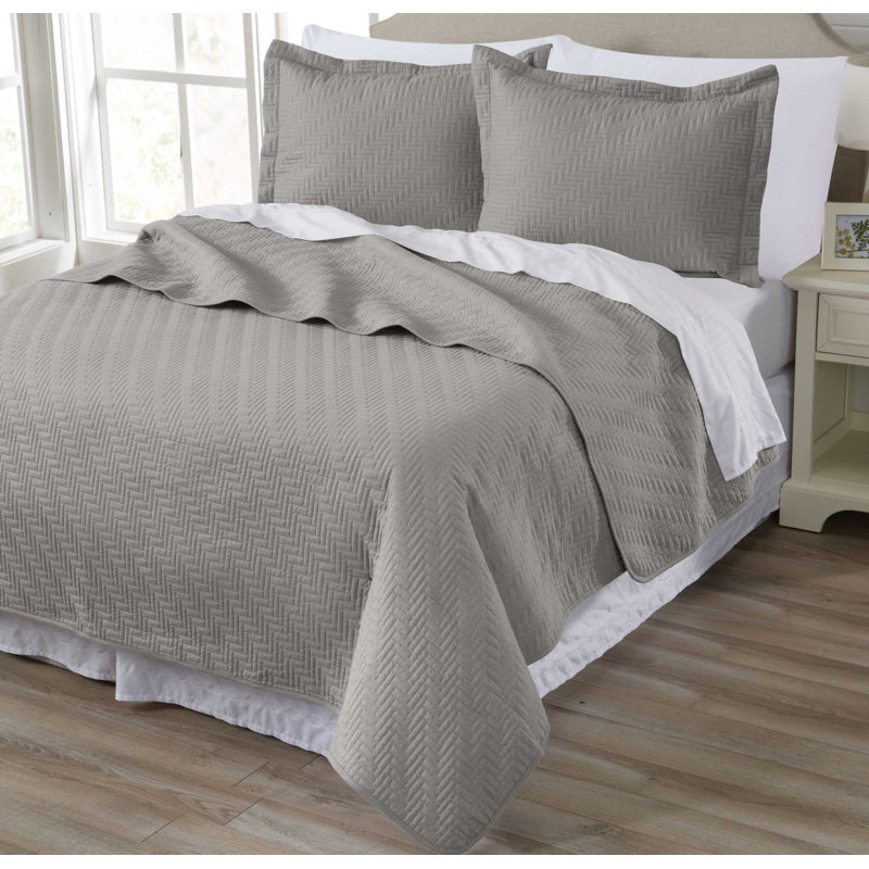 Ensemble de courtepointe légère en microfibre à chevrons, Courtepointe pour grand lit + 2 taies décoratives, Gris champignon