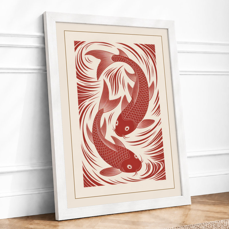 Intertwined Koi Japandi - Framed Print, A2 - 59.4 x 42.0 cm, White