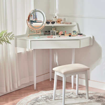 Modern Corner Makeup Vanity Desk With Large Storage, Led Mirror & Stool, Brightness Adjustable, Space-Saving For Small Places, White