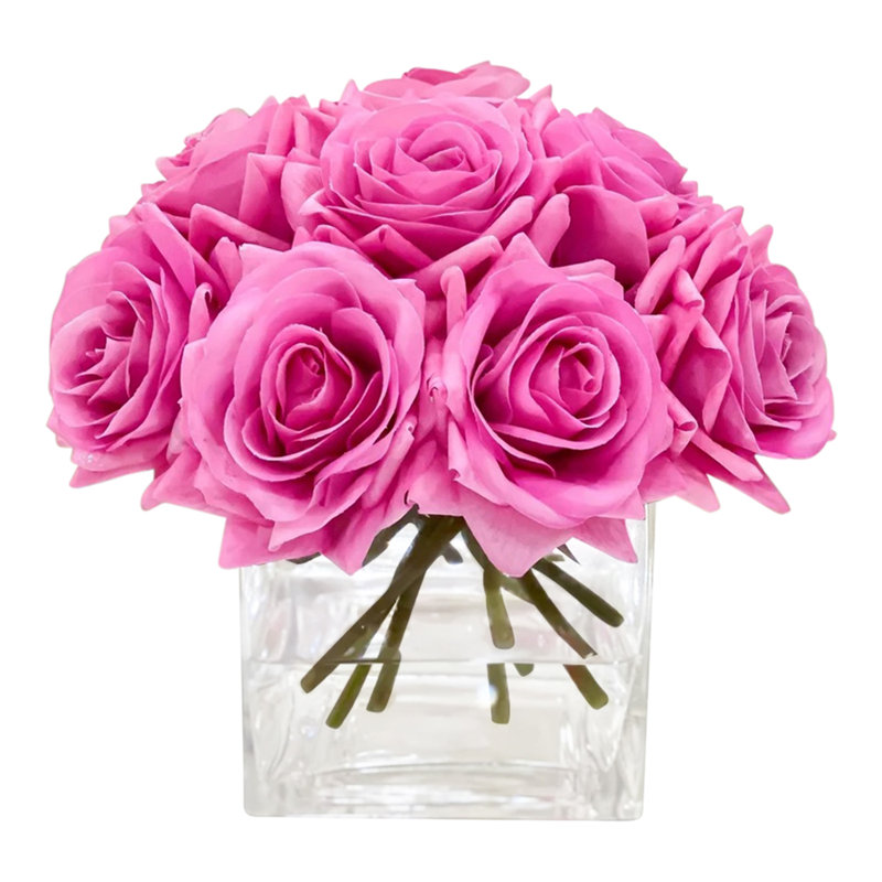Real Touch Rose Arrangement In Square Glass Vase, Purple Pink
