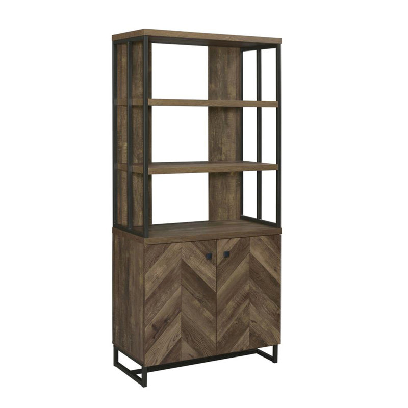 3 bibliothèques en chêne foncé avec cadre en bronze et armoire à 2 portes à chevrons dans 3 tablettes ouvertes rustiques