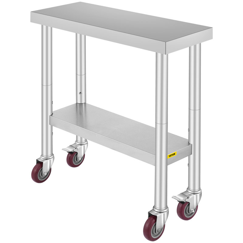 Stainless Steel Work Table 30 x 12 x 34 Inch, 700 LBS Load Capacity with 4 Wheels, 3 Adjustable Height Levels