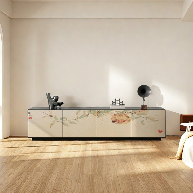Meuble télé en pin avec 4 armoires spacieuses, Noir / Beige, 70.86"