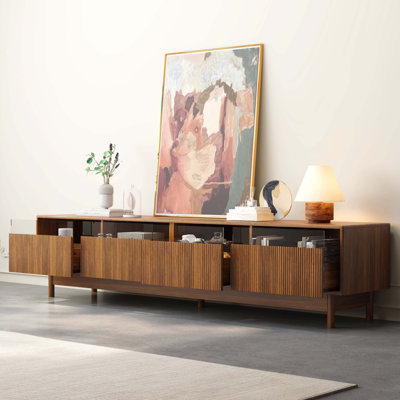 Meuble télé 78 pouces pour le salon - téléviseurs de 85 po ou moins, meuble télé moderne avec tiroirs, console de télévision avec tiroirs en verre pour la chambre à coucher