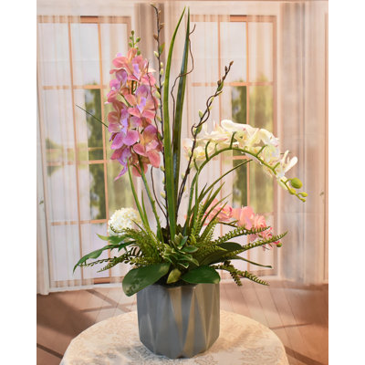 Pink and White Orchid Arrangement in Modern Grey Vase