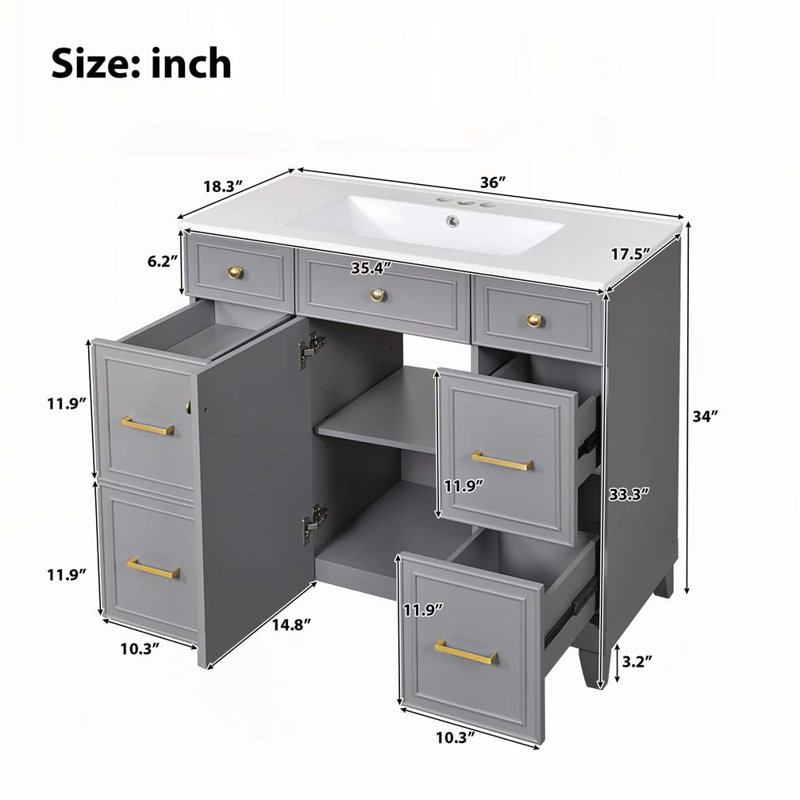 Meuble-lavabo 36 po avec lavabo en céramique, Gris