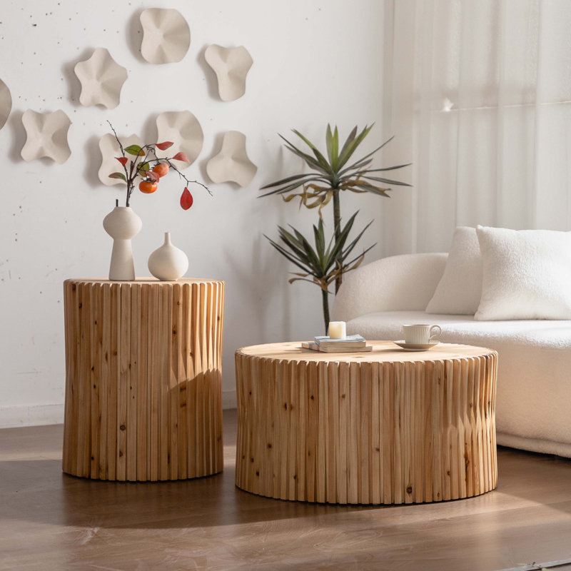 Table basse cylindrique de style rétro avec motif à relief vertical, ensemble de 2
