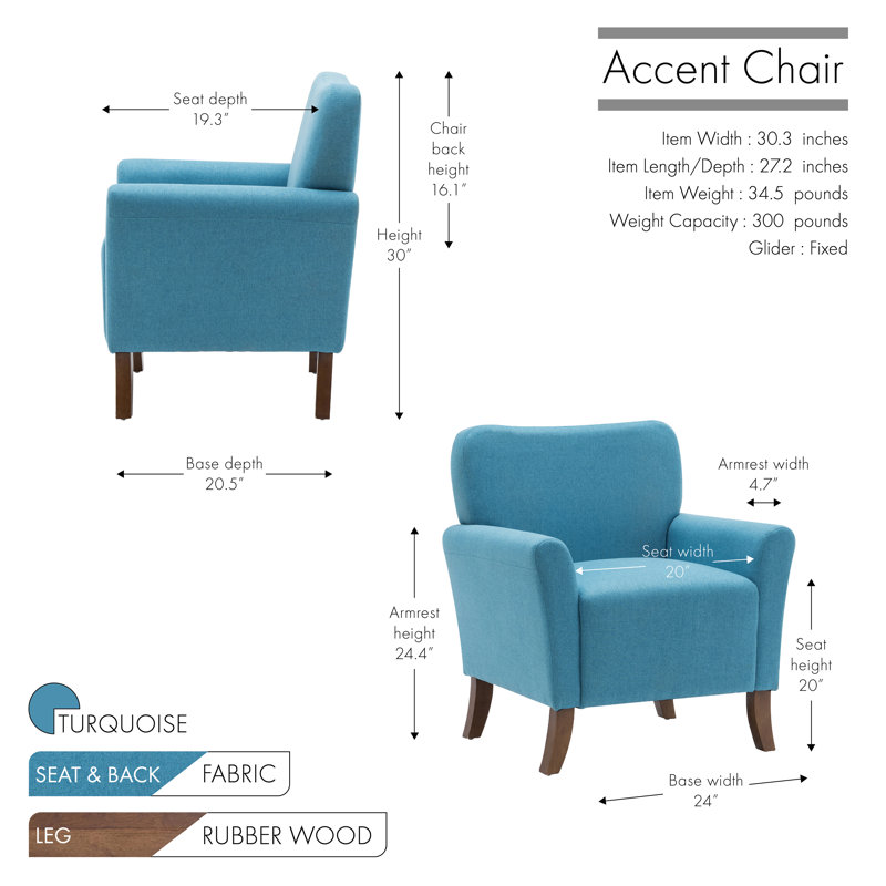 Chaise d'appoint rembourrée en tissu Mylène avec pieds en bois d'hévéa, Mélange de polyester turquoise
