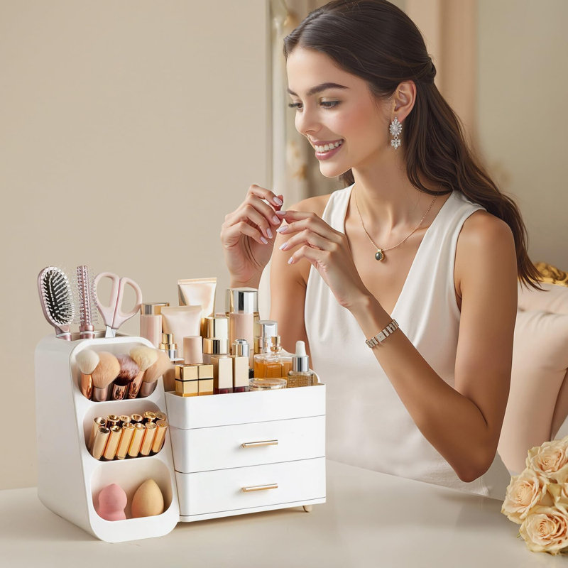 Organisateur de maquillage avec porte-pinceau (blanc), Blanc