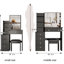 Meuble-lavabo gauche noir avec tabouret rembourré et très grand miroir coulissant, rangement multi-couches pour espaces restreints