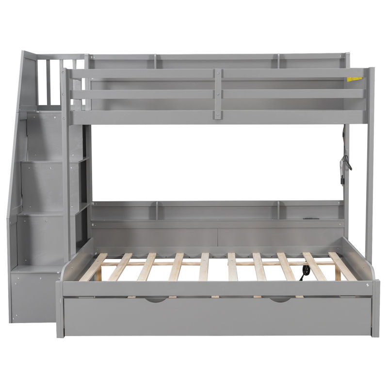 Lit simple superposé au dessus d'un lit double avec escalier de rangement, lit gigogne et tablettes - Lit pour enfant peu encombrant, gris