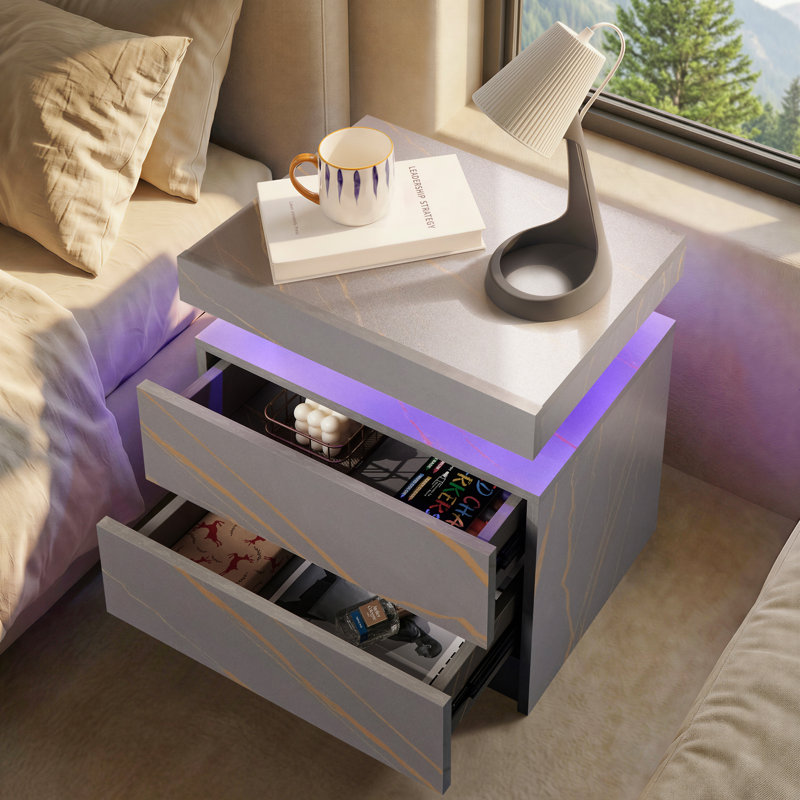 LED Nightstand with Drawers, Gray Marble