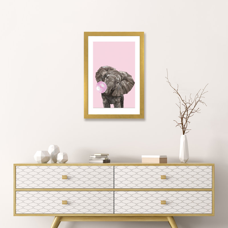 Art d’éléphant de gomme à bulles, H 24 po x l 16 po x P 1 po, Papier encadré doré