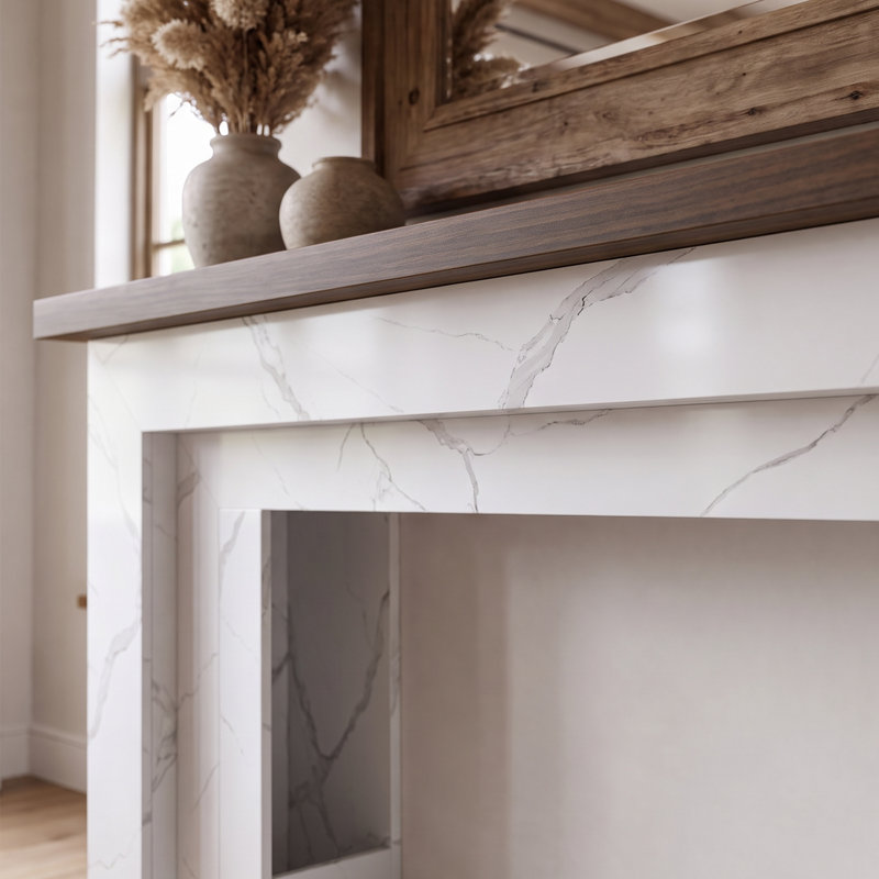68.7-Inch Two-Tone Fireplace Mantel Surround with Marble-Look Finish and Walnut-Tone Top