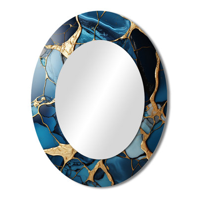 Gold and Sapphire Blue Marble Mosaic VI - Abstract Oval Decorative Mirror On Metal