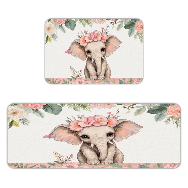Mignon éléphant floral, ensemble de 2 tapis de cuisine