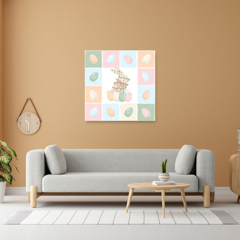 «Plaid Bunny Pastel Eggs Delicate Abstract Contemporary Lapin Spring Forest», reproduction d'art murale, H 48 po x l 48 po