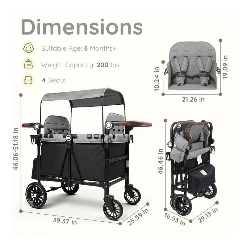 4-Seater Foldable Wagon Stroller with Canopy and Adjustable Handle for Kids, Black&Green, Black-Grey