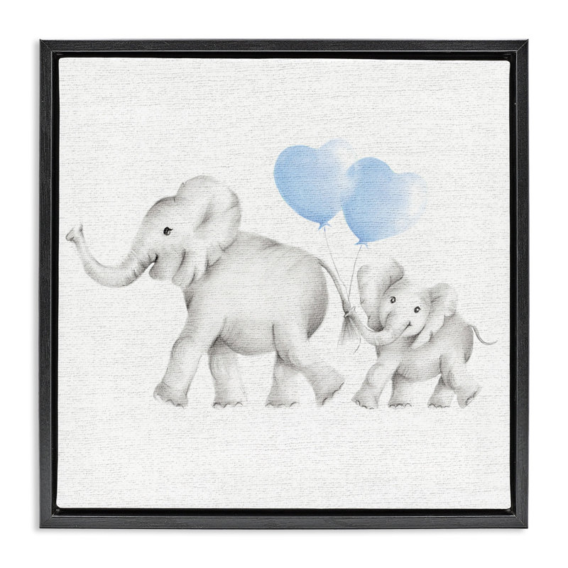 Famille d'éléphants avec des ballons, H 18 po x l 18 po, Cadre flottant noir de jais