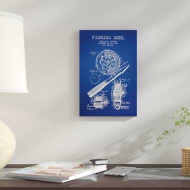 W.H. Glocker Fishing Reel Patent Sketch' Graphic Art Print On Canvas in Blue Grid East Urban Home Mat Color: No Mat, Format: Black Framed Canvas, Siz