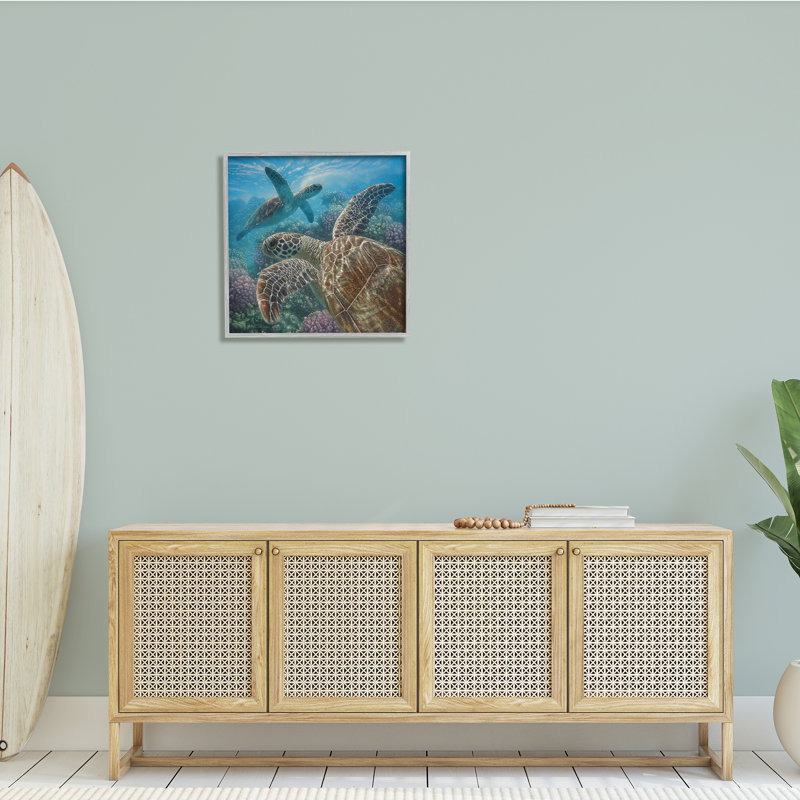 Sea Turtle Pair Coral Reef Ocean Life Scene - Print on Wood, Farmhouse Grey Framed Giclee, 24" H x 24" W x 1.5" D