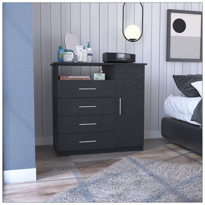 4 Drawer Dresser, One Open Shelf, Superior Top, Single Door Cabinet, Black