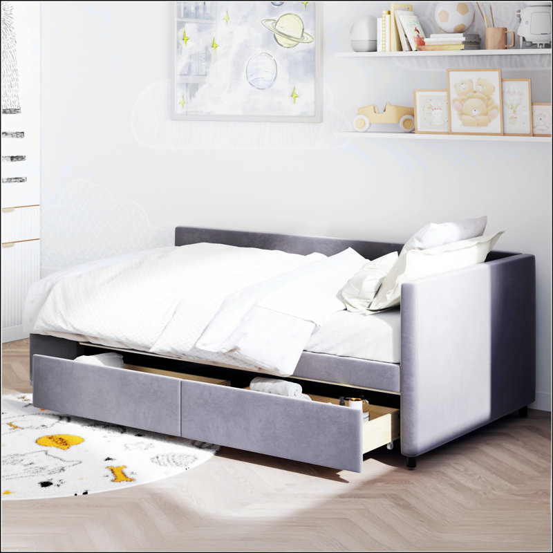 Lit plateforme simple tapissier en forme de L avec rangement et tiroirs, gris
