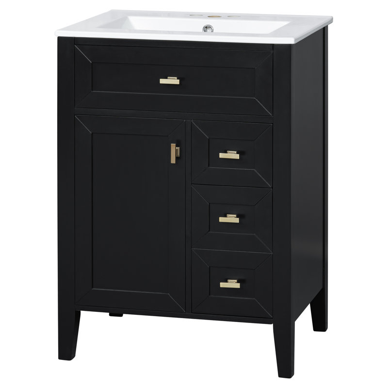 Meuble-lavabo autoportant 24 po avec lavabo en céramique, meuble-lavabo en contreplaqué résistant à l'humidité avec 2 tiroirs et porte, meuble-lavabo moderne pré-assemblé