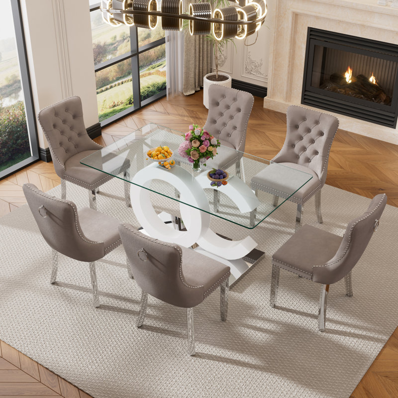 Ensemble de salle à manger rectangulaire L 63 po x l 35,43 po Layvonne, Blanc / Blanc, Gris