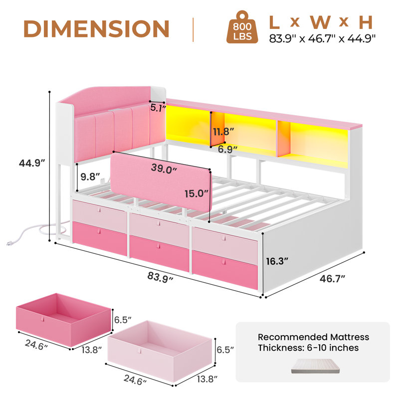 Lit de jour d'angle une place pour enfant, lit plateforme rembourré avec 6 tiroirs de rangement, 3 niches ouvertes, barrière de sécurité, lumières DEL RVB et station de recharge, rose