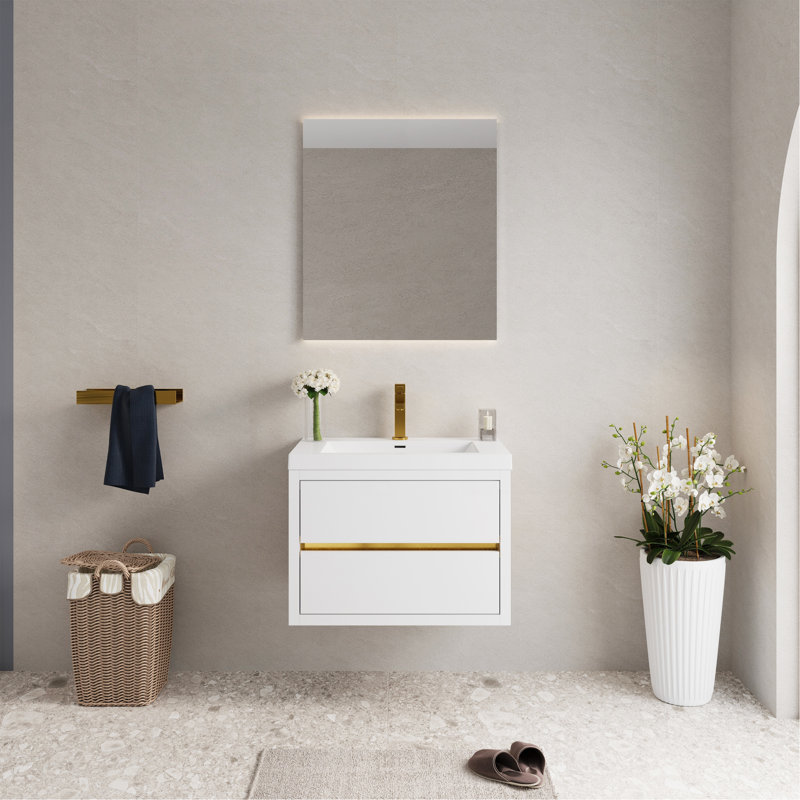 Meuble-lavabo mural 30 po avec lavabo, meuble de rangement flottant avec comptoir en résine de pierre et tiroirs à fermeture en douceur, blanc brillant