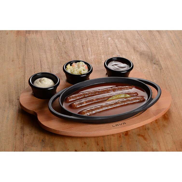 Lava Enameled Cast Iron Serving Dish 6 inch-Round with 10 by 15  Rectangular Beechwood Service Platter
