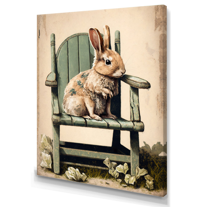 Lapin assis sur une chaise en bois - reproduction sur toile, H 32 po x l 16 po x P 1 po, Toile tendue