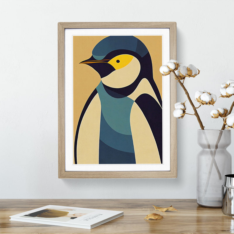 Penguin In Abstract No.1 - Wall Art, Oak Picture Frame, White, 46cm H x 34cm W