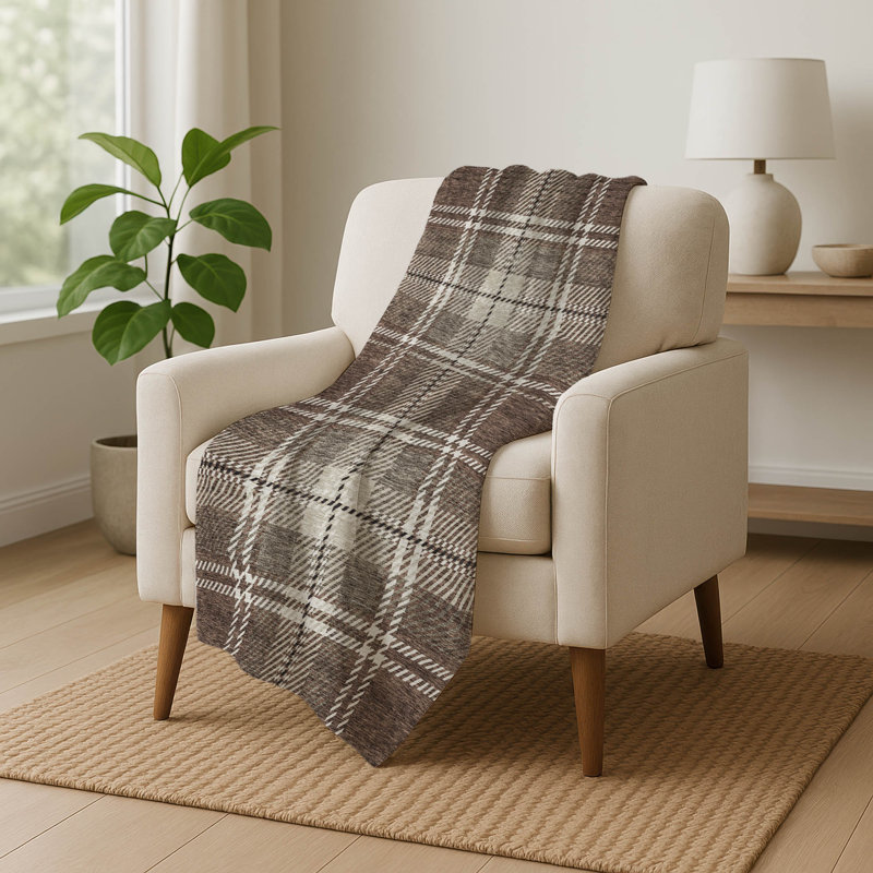 Addison Machine Washable Sherpa ASB935 Plaid Throw Blanket, Plaid, Brown