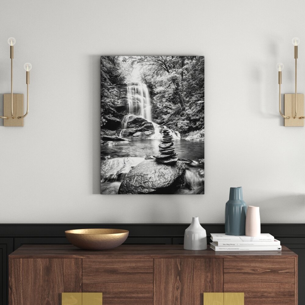 Leinwandbild „Zen-Steine vor Wasserfall“, Fotodruck