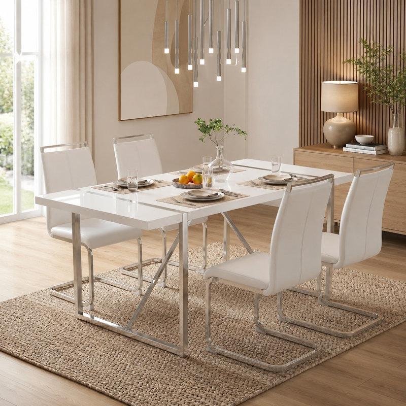 5-Piece Modern Glam Rectangular Dining Set with Faux Leather Chairs for Small Space, 5, White
