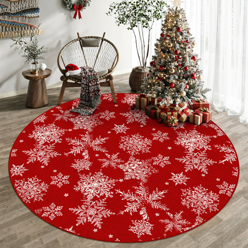 Chamora Washable Christmas Rug With Classic Red and Snowflake Design, Round 5'