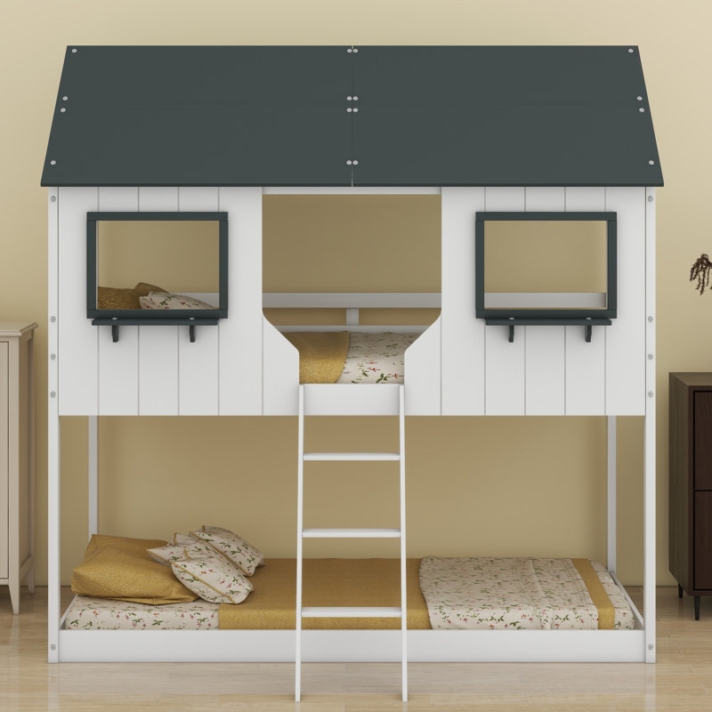 Bunk Bed With Roof, Window, Guardrail, Ladder, White/Gray