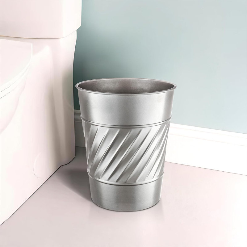 Pewter Wave Embossed Metal Cylindrical Waste Basket