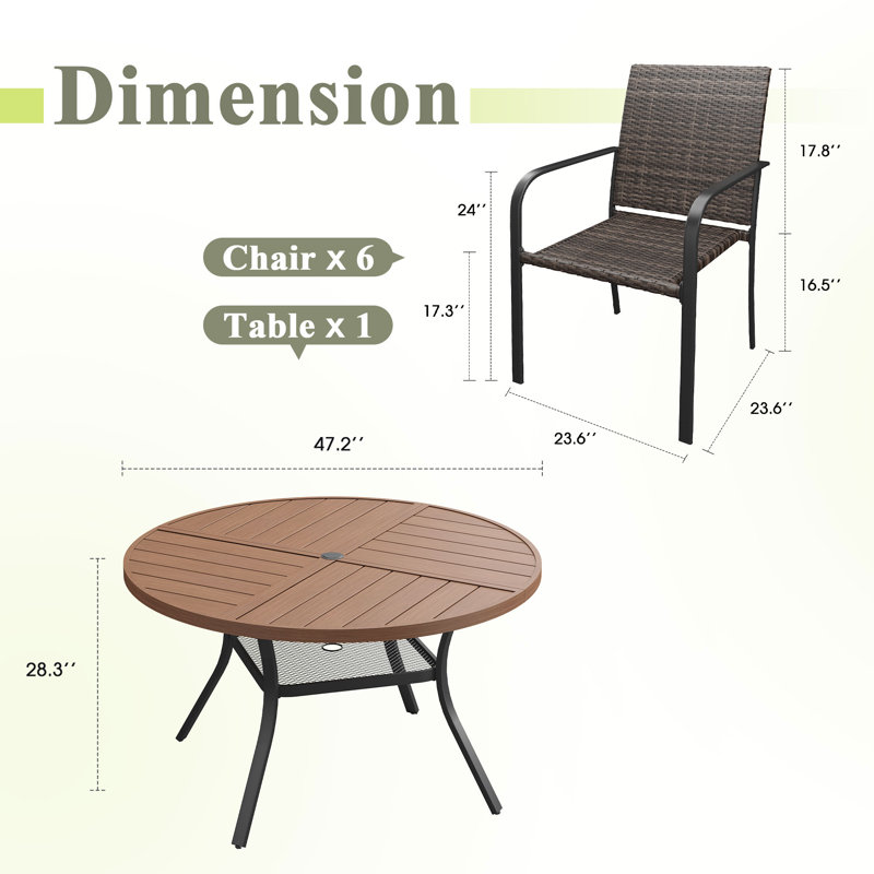 Ensemble de salle à manger de patio 6 personnes avec chaises en osier PE, Brush Wood Brown