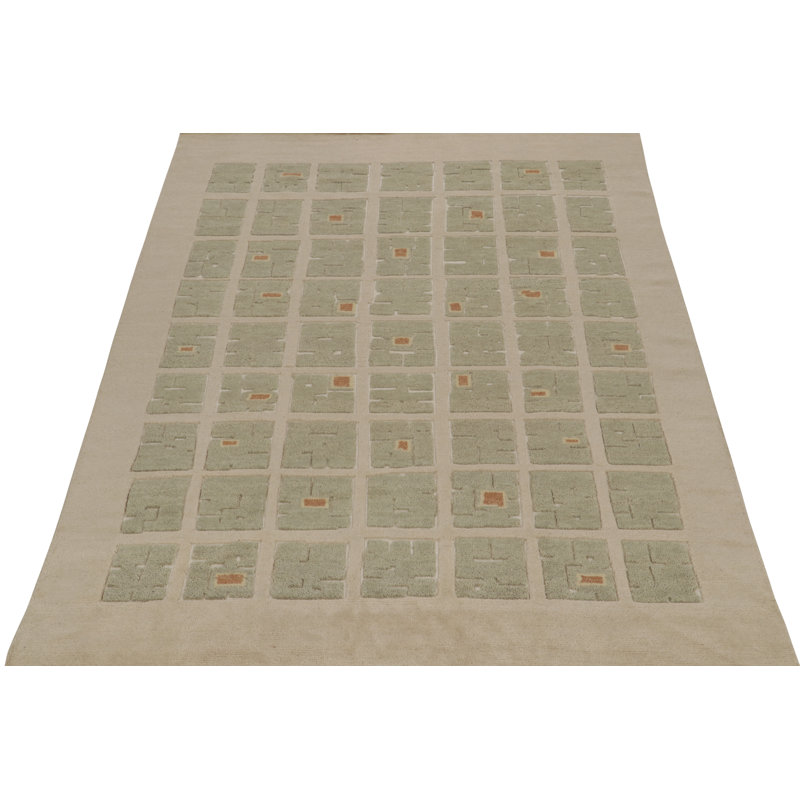 Rug & Kilim’S French Art Deco Rug In Beige & Green High-Low Square Pattern, Rectangle 13' x 19'