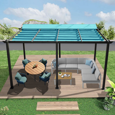 11 X 16 Ft Lake Blue Outdoor Living Space Pergola. Aluminum Structure. Fire- Canopy. Adjustable Sun Block. Easy Installation Procedure. Multi-Purpose For Courtyard, Lawn, Pool Spots Retractable